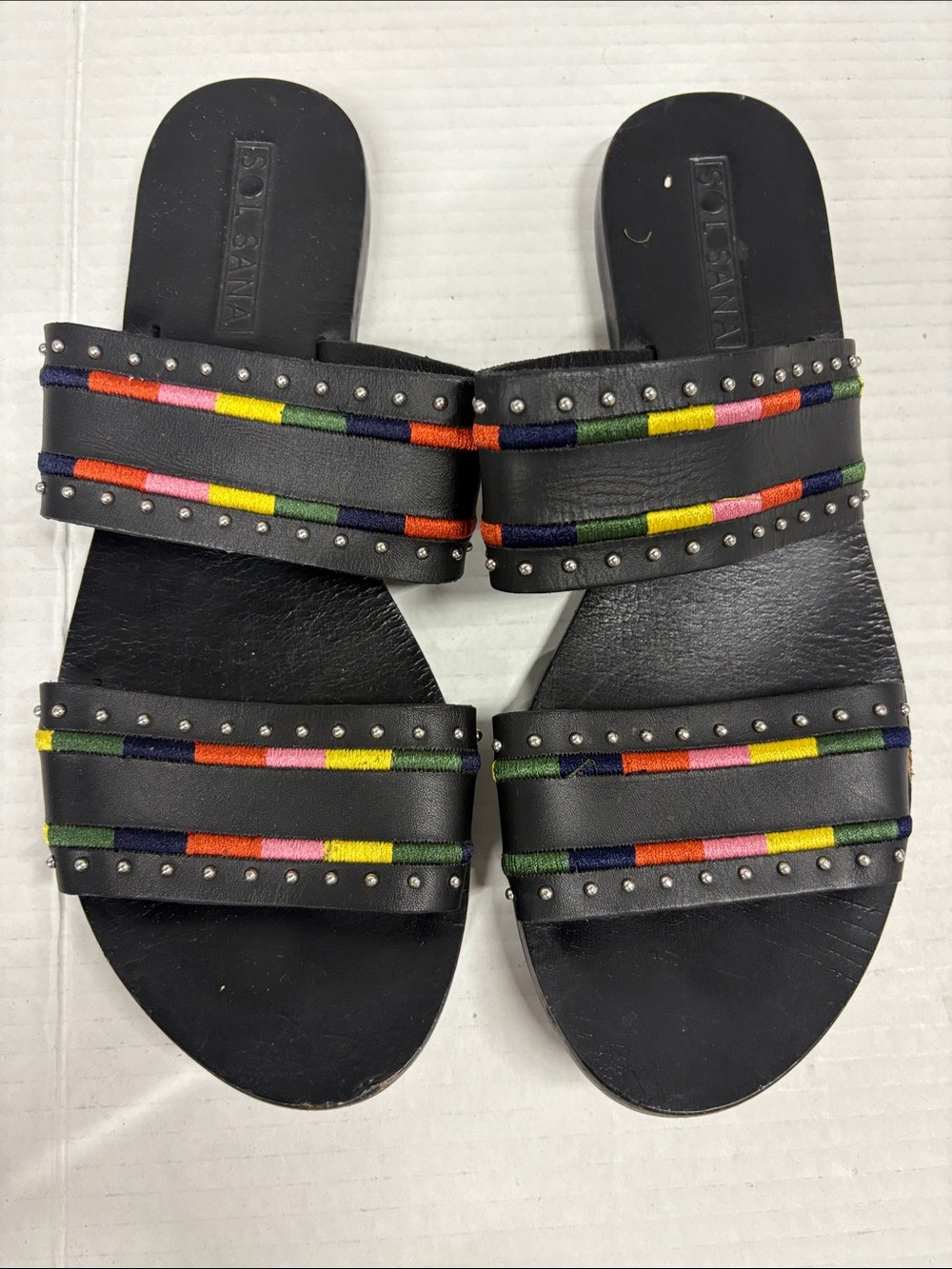 Sol Sana Black Leather Slide Sandals with Rainbow Stripe Accents